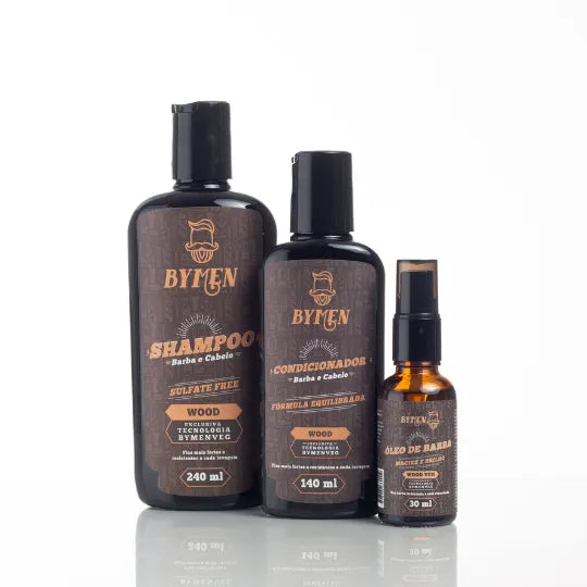 Kit para Barba e Cabelo com Shampoo 2x1, Condicionador e Óleo - Linha Wood
