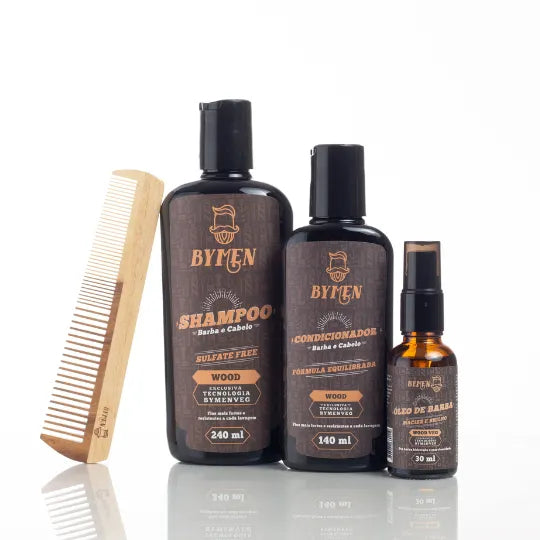 Kit Completo para Barba e Cabelo com Shampoo 2x1, Condicionador, Óleo e Pente de Madeira - Linha Wood